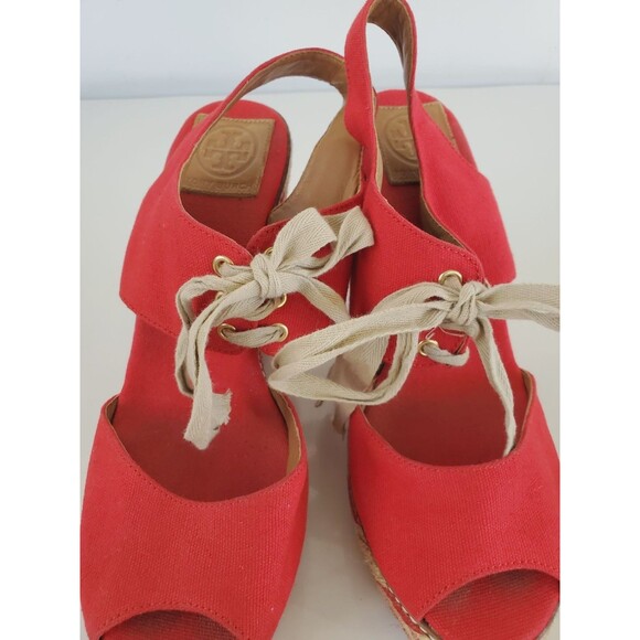 Tory Burch LINLEY Red Canvas Espadrille Wedge Sandals Size 10 M Shoes - Picture 2 of 12